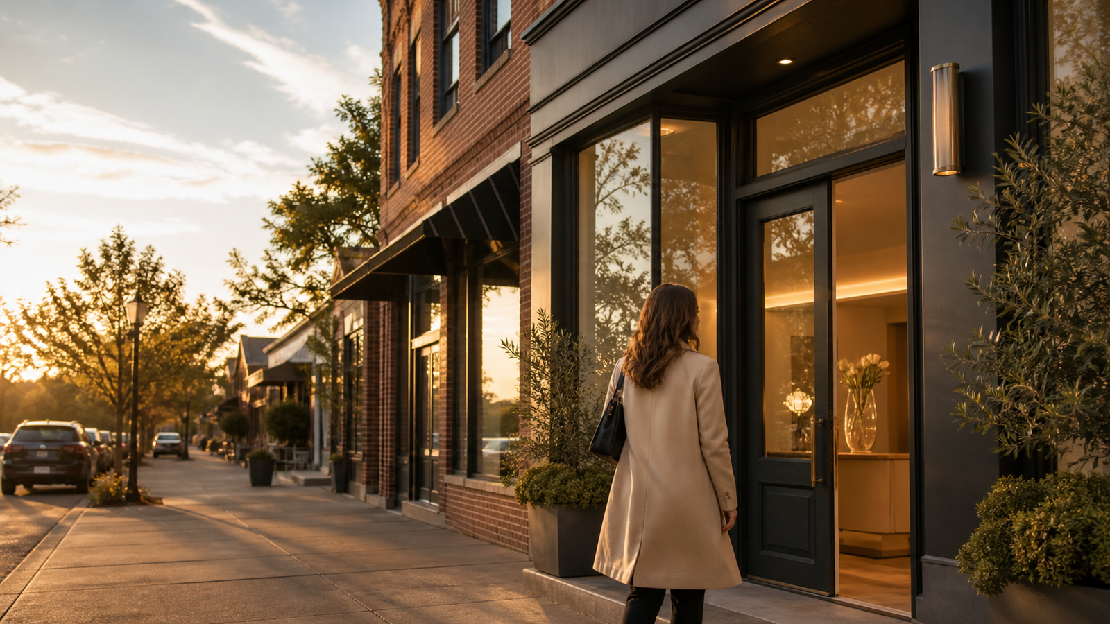 Warm neighborhood storefront architecture in the Dearborn area at golden hour