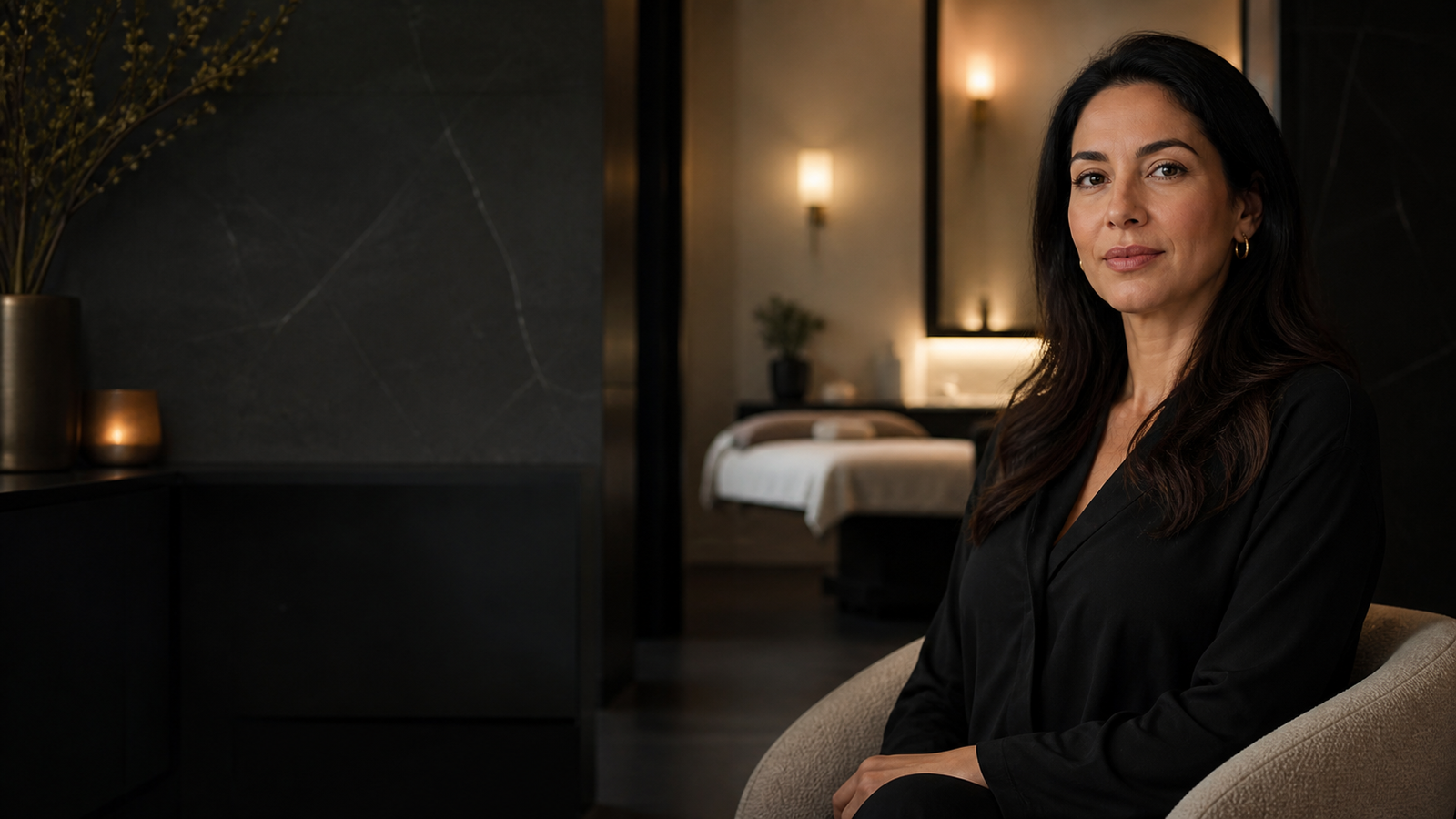 Calm, softly lit aesthetics studio with a woman seated in the treatment space